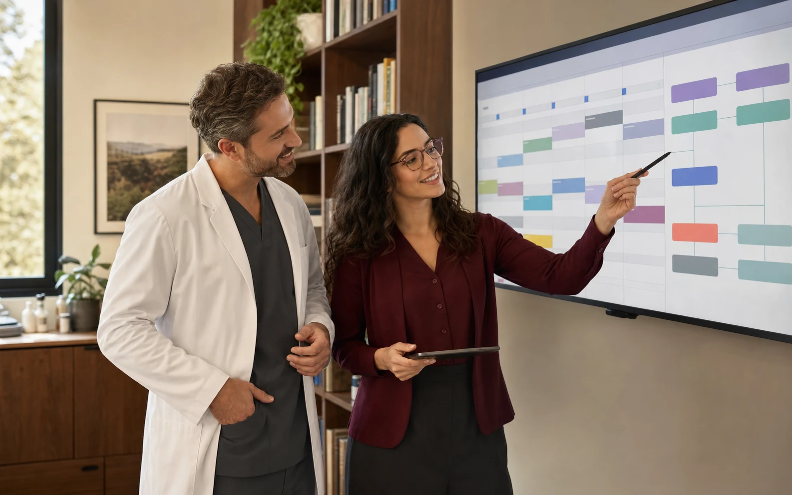Ella e um médico configuram juntos a agenda e as regras do consultório.