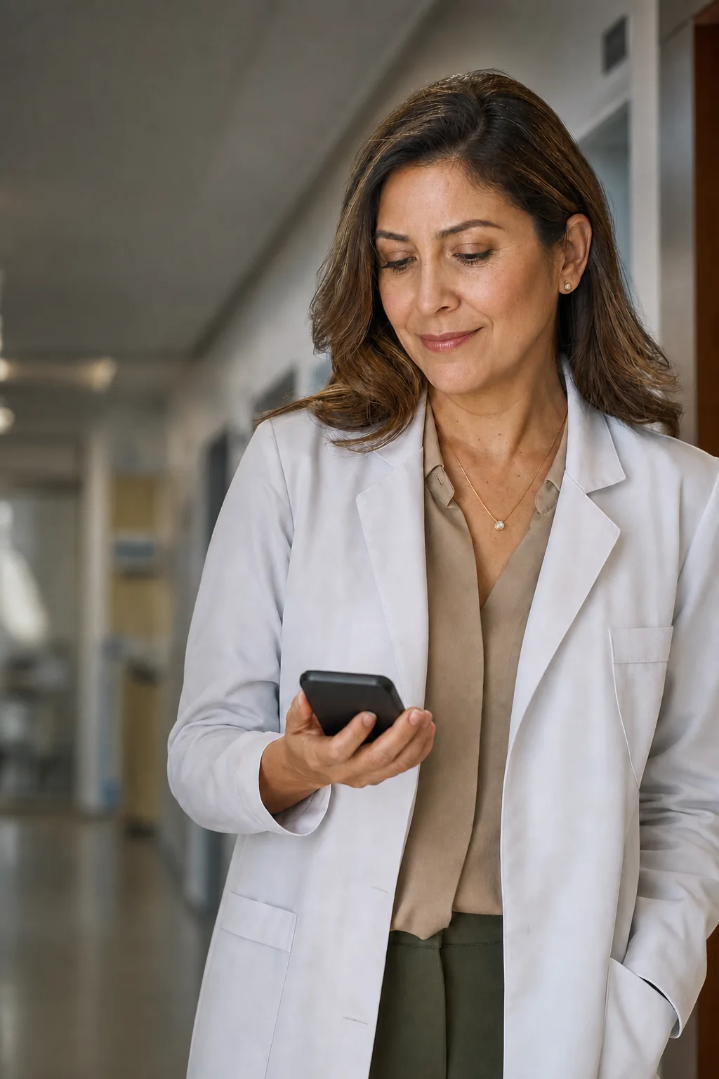 Médica sorri discretamente ao consultar uma mensagem no smartphone durante sua rotina.