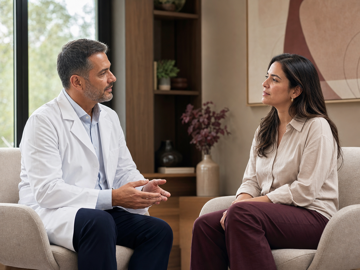 Médico conversa com uma paciente em seu consultório.