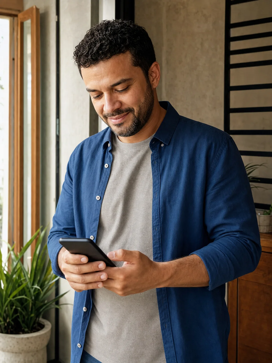 Um paciente sorri discretamente ao encontrar uma nova possibilidade de horário pelo celular.